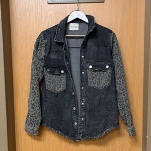 Everet Black Jean Jacket with Leopard Print Sleeves